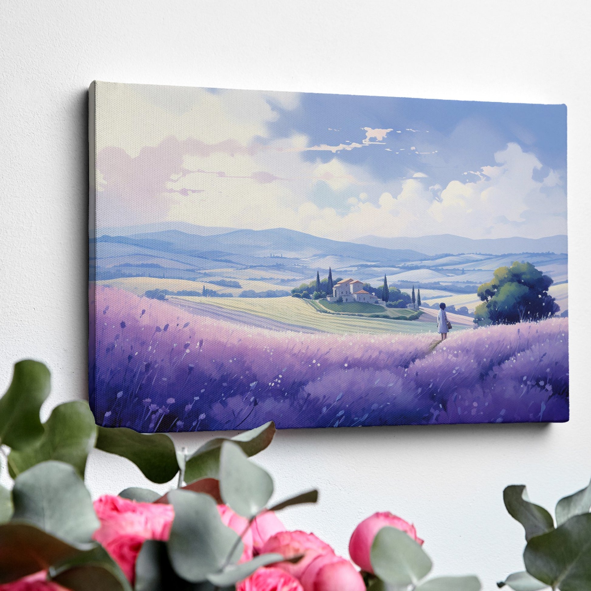 Framed canvas print of a scenic countryside with lavender fields and a rustic house