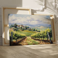 Framed canvas print of a lush Tuscan vineyard landscape with green vine rows and rustic farmhouse