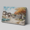 Framed canvas print of an impressionist style Oriental village scene with autumnal trees and traditional architecture