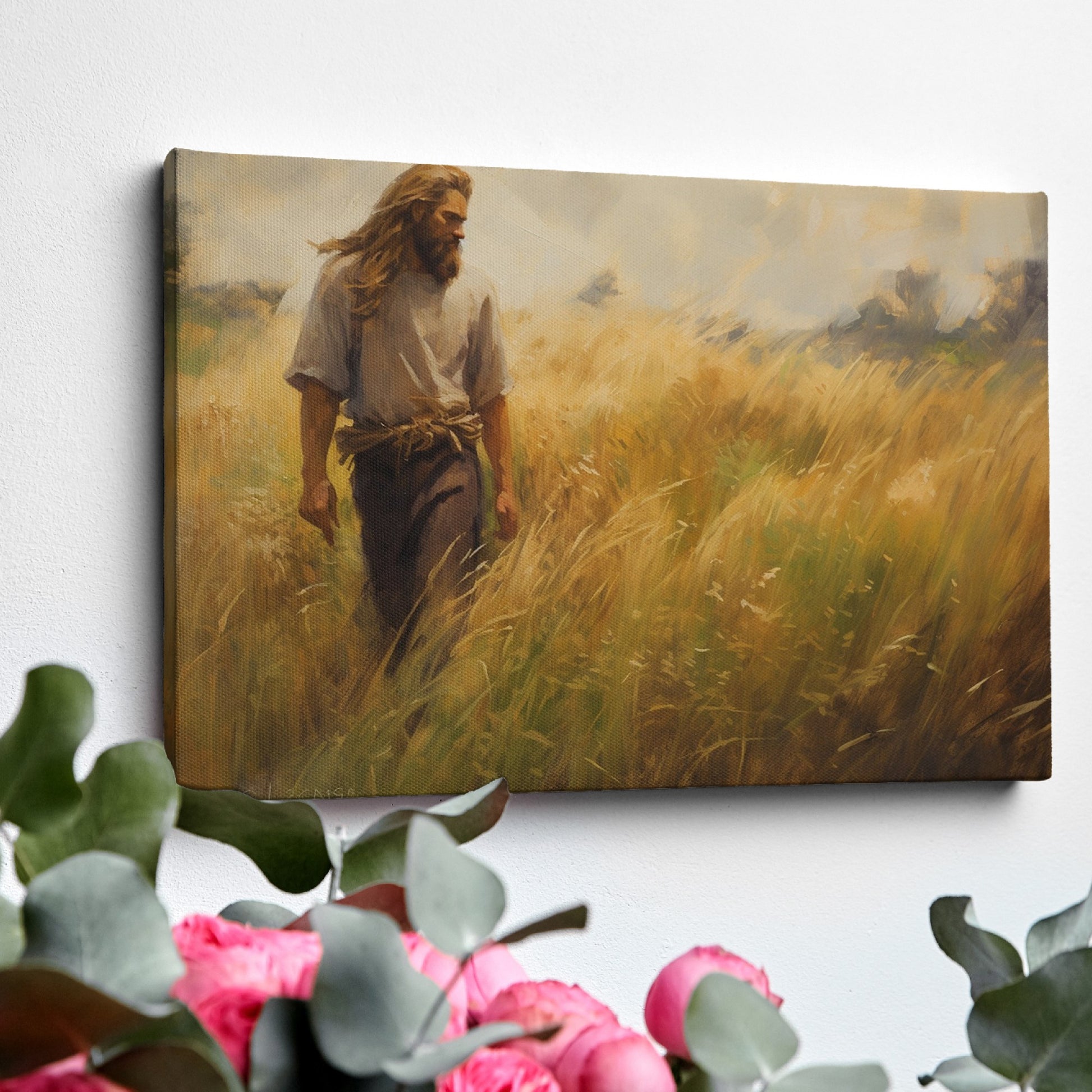 Framed canvas print of a man walking through a golden wheat field during sunset with a rustic feel