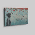 Framed canvas print of a female silhouette with red butterflies against an urban backdrop