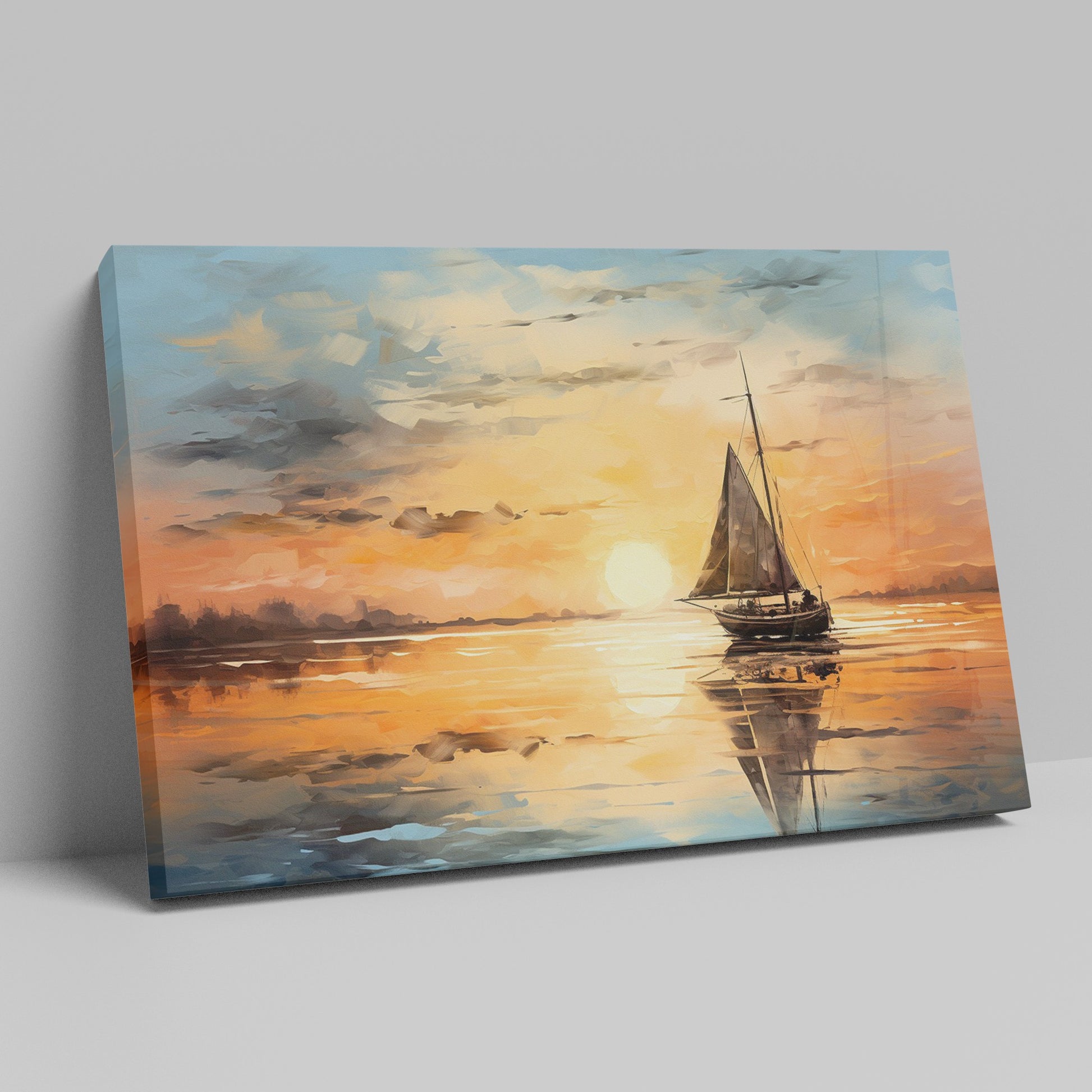 Framed canvas print of sailboat against golden sunset with peaceful ocean reflection