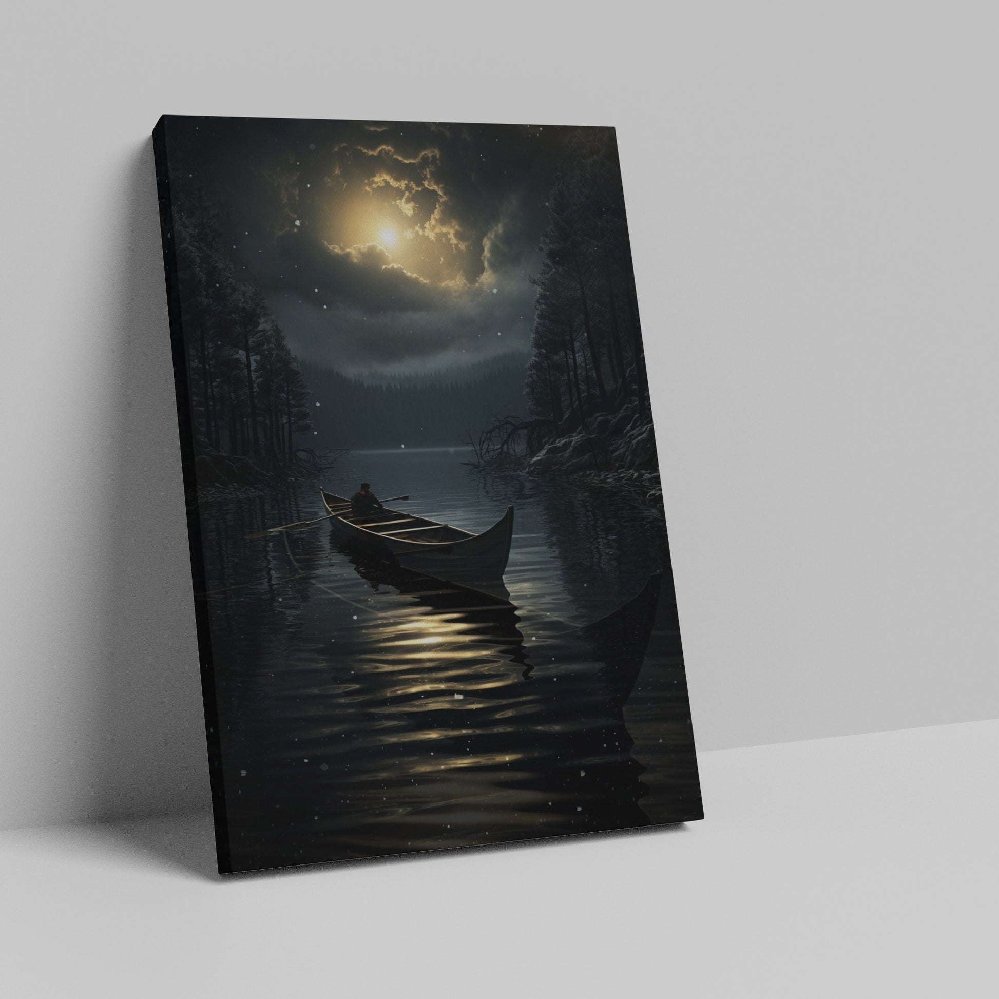 Framed canvas print of a serene moonlit scene with a person canoeing on a calm lake surrounded by forest