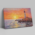 Framed canvas print of a vibrant impasto painting of a lighthouse at sunset with dynamic sea waves and a warm sky