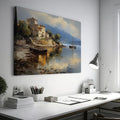 Framed canvas print of a Mediterranean coastal village with boats and serene sea reflections