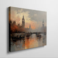 Framed canvas print of London's Big Ben and River Thames during sunset with impressionist style painting