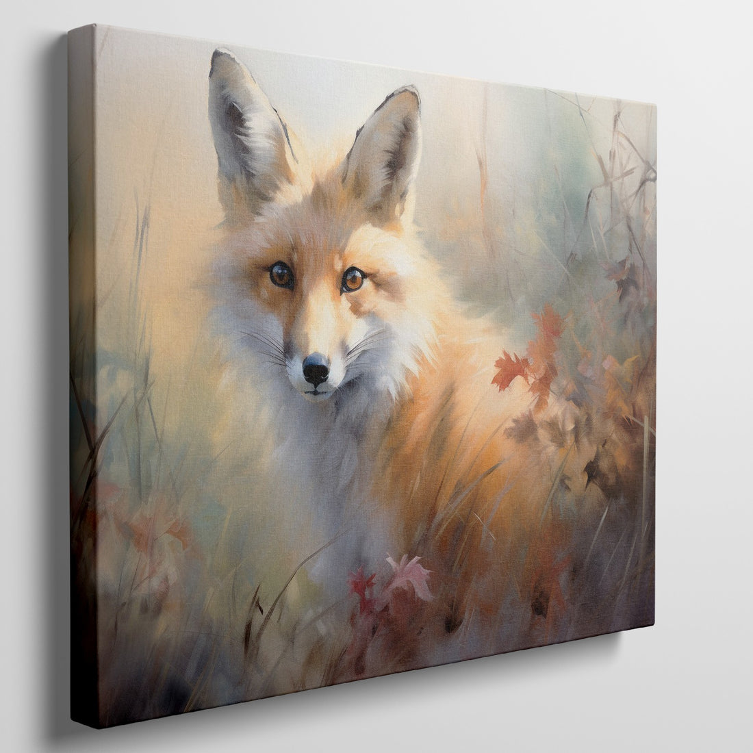 Framed canvas print of an autumn fox in a rustic impressionistic style with warm amber and ochre tones