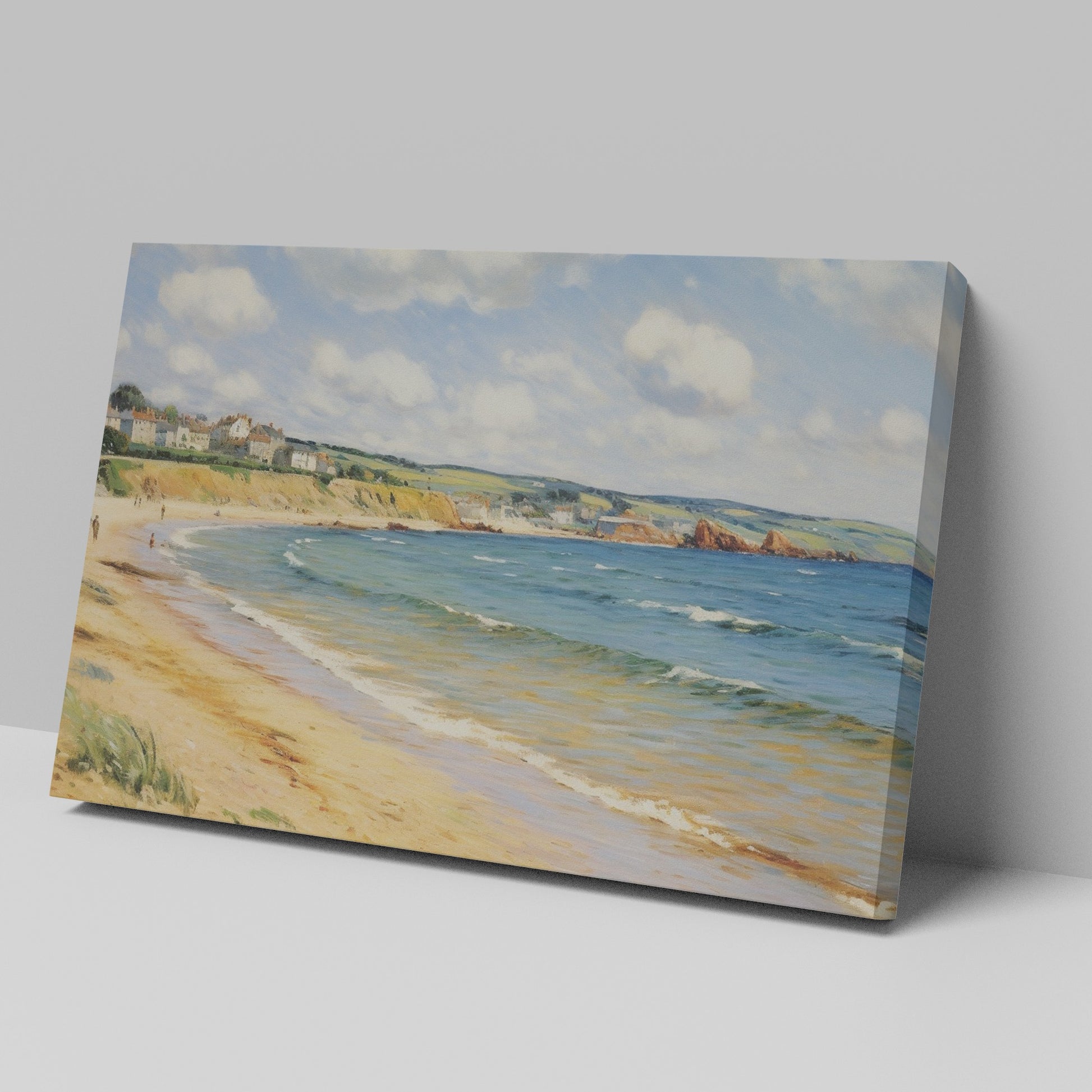 Framed canvas print of Impressionist seascape featuring a sunlit British coastline with blue waters and sandy beach