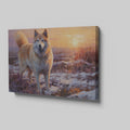 Framed canvas print of a dog in impressionist style with a winter sunset in the background