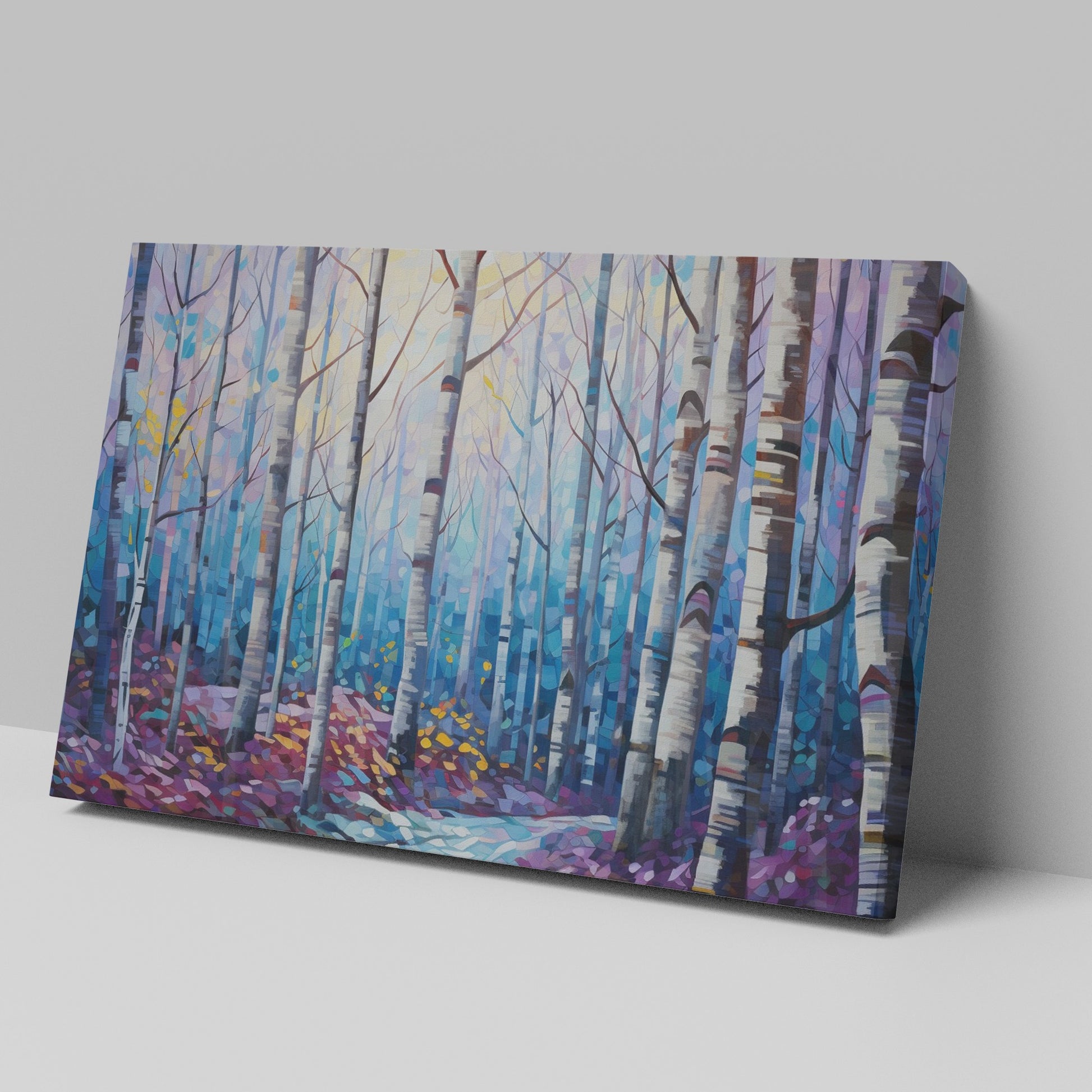 Framed canvas print of a stylised geometric birch forest in vibrant blue, purple, and yellow tones