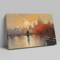 Framed canvas print of an impressionistic cityscape at sunset with reflections on a river