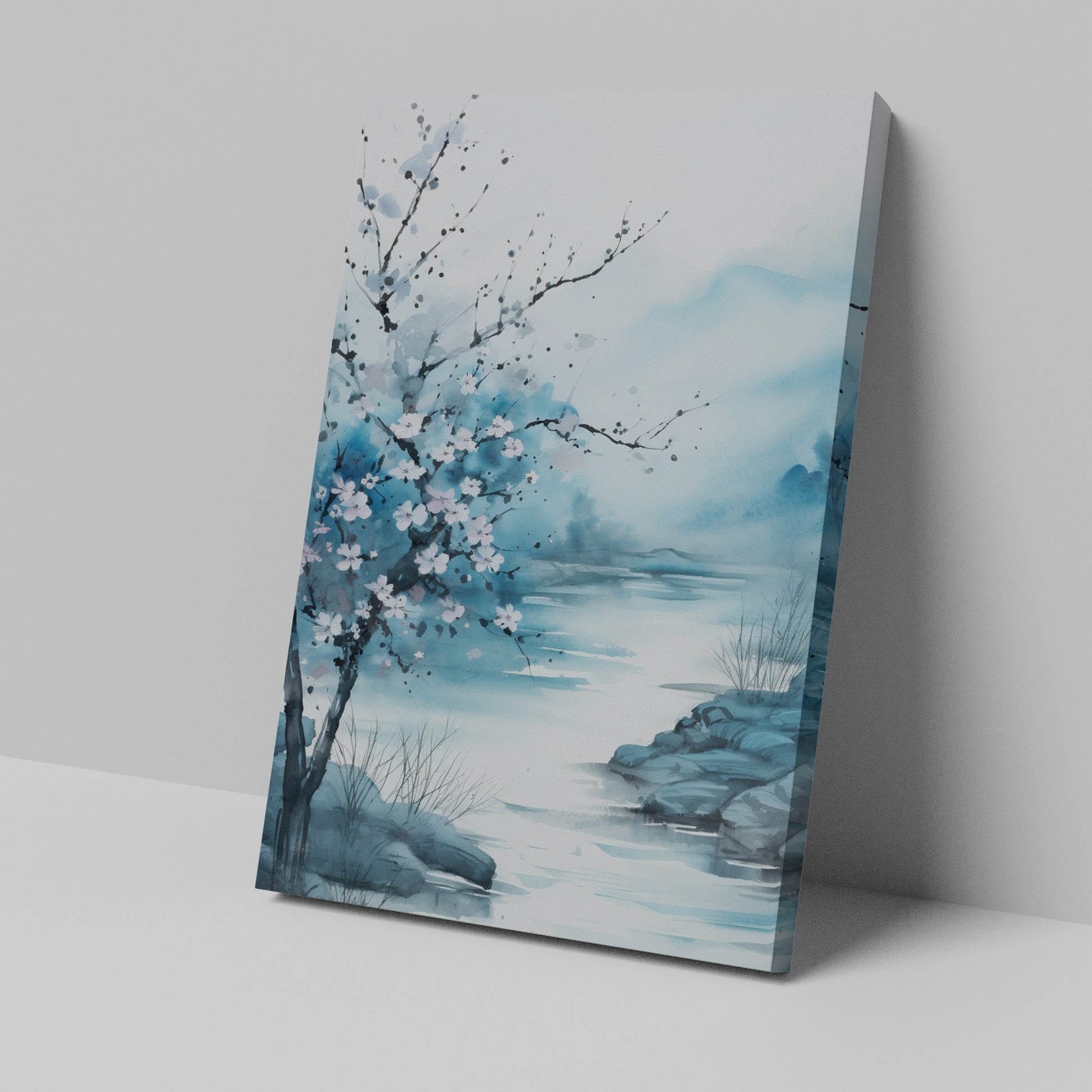 Framed canvas print of serene cherry blossoms by a river in watercolour style