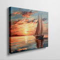 Impressionistic canvas painting of a sailboat at sunset with vivid orange sky and calm sea reflections