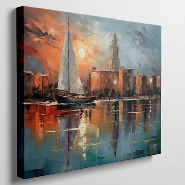 Framed canvas print of an abstract impressionistic sunset marina with a sailing boat and city silhouette