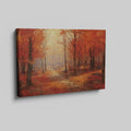 Framed canvas print of an impressionist autumn forest with vibrant red and orange leaves and a misty pathway