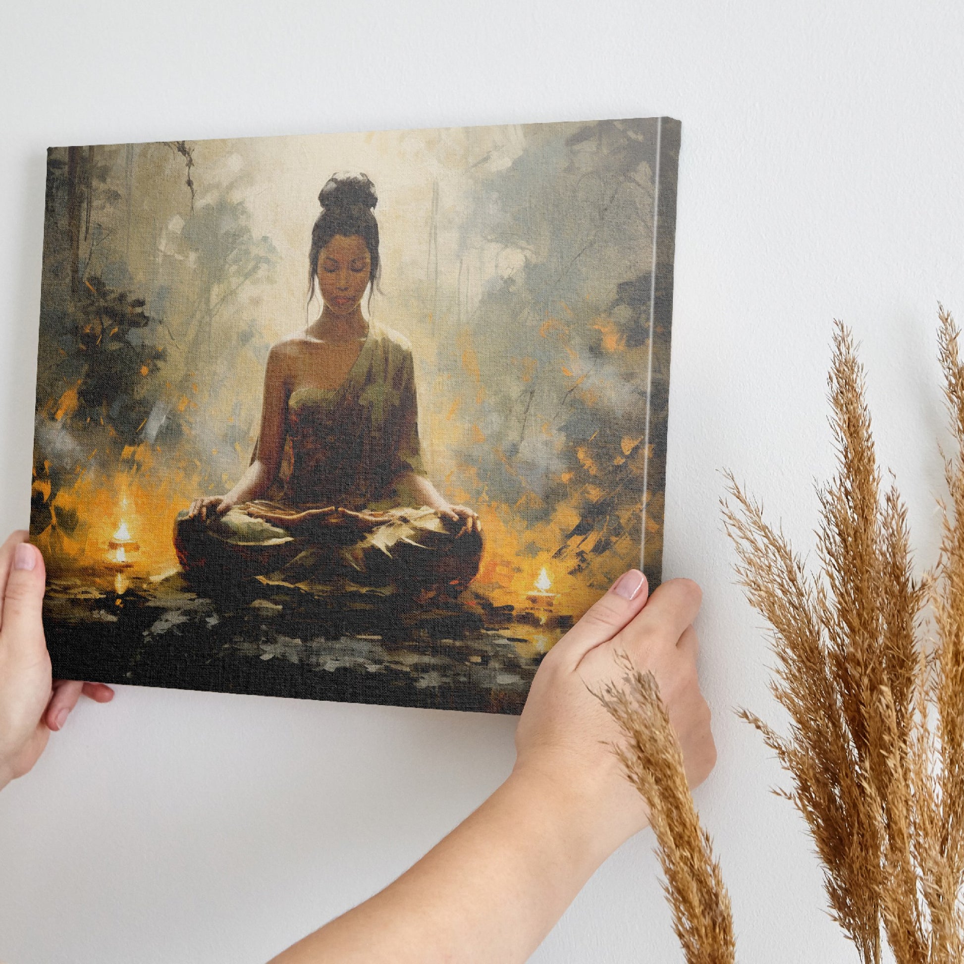 Framed canvas print of serene woman in meditation with warm, golden hues