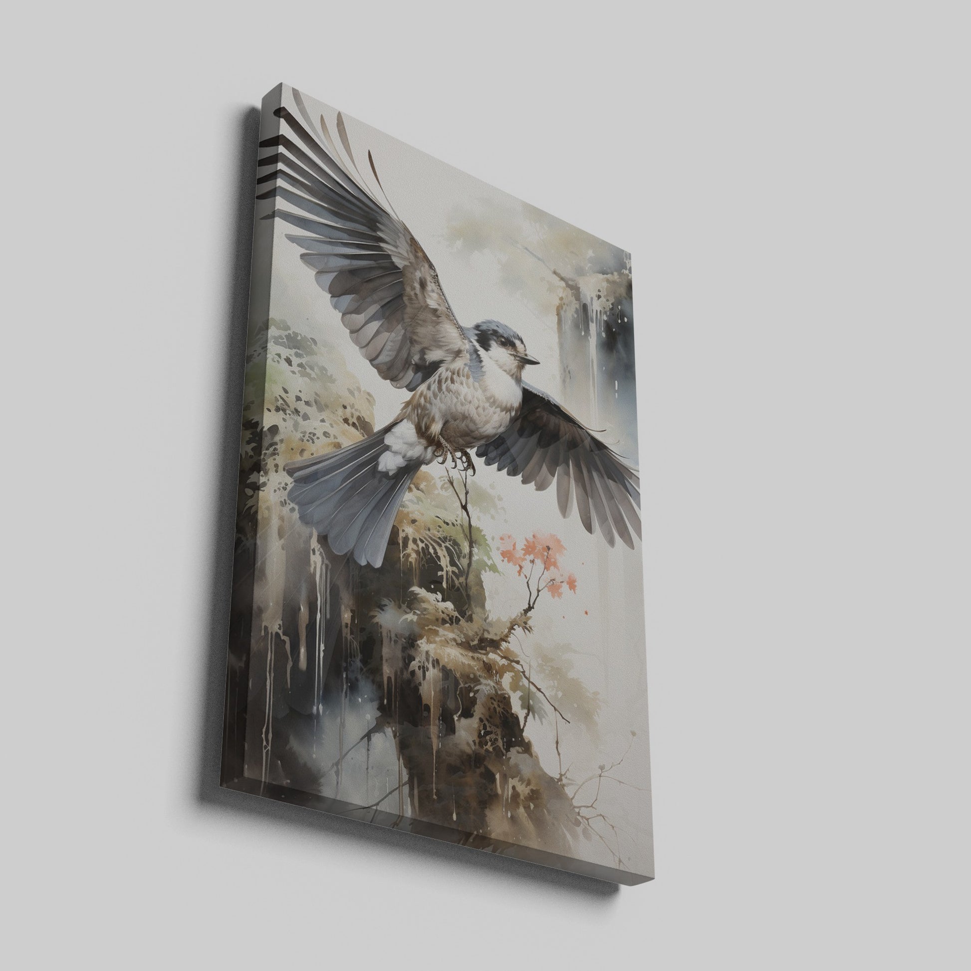 Framed canvas print of a majestic bird in flight with Asian inspired watercolour background