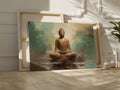 Framed canvas print of a meditative Buddha in earthy browns and soft blues