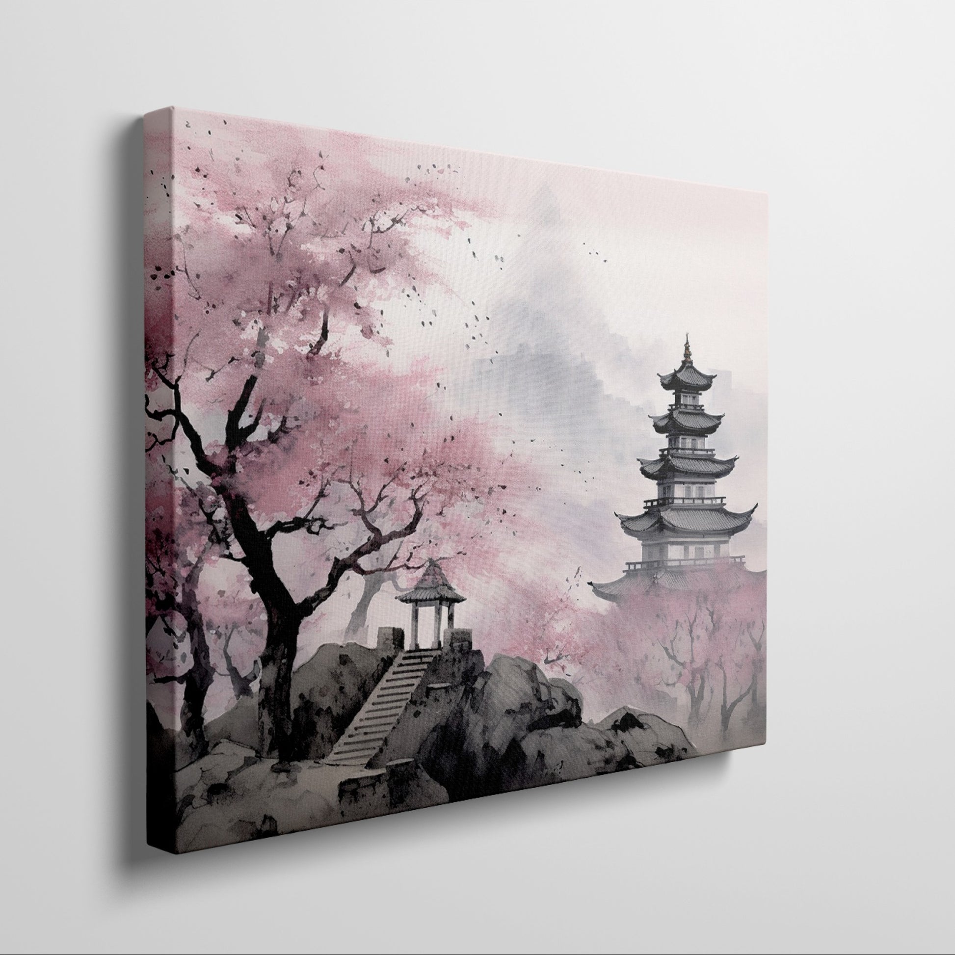 Framed canvas print of Oriental Pagoda in Mist with Cherry Blossoms