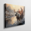 Framed canvas print of a mythical figure in red with a reindeer in a warm, snowy sunset landscape