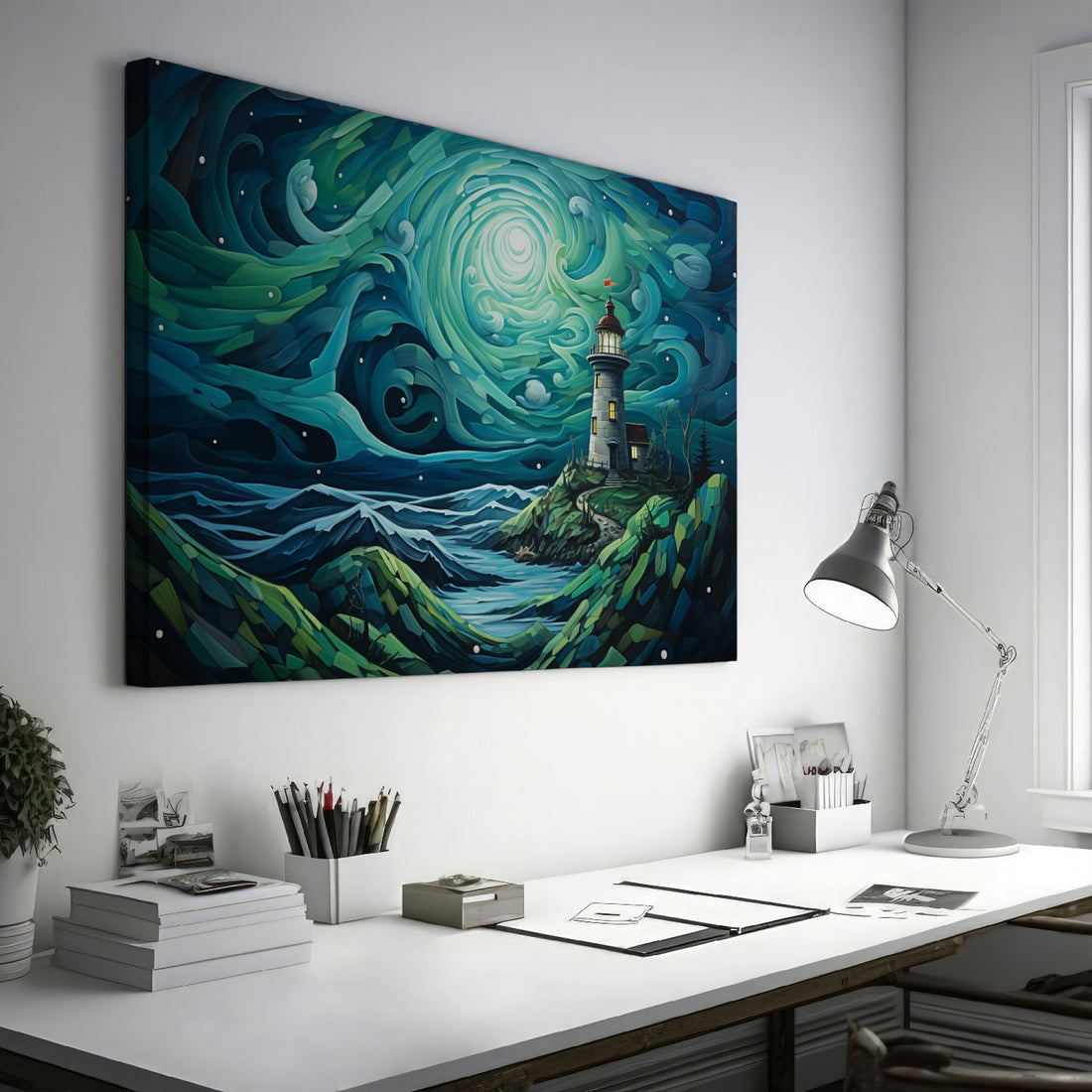 Stylized painting of a lighthouse with swirling starry night sky in greens and blues