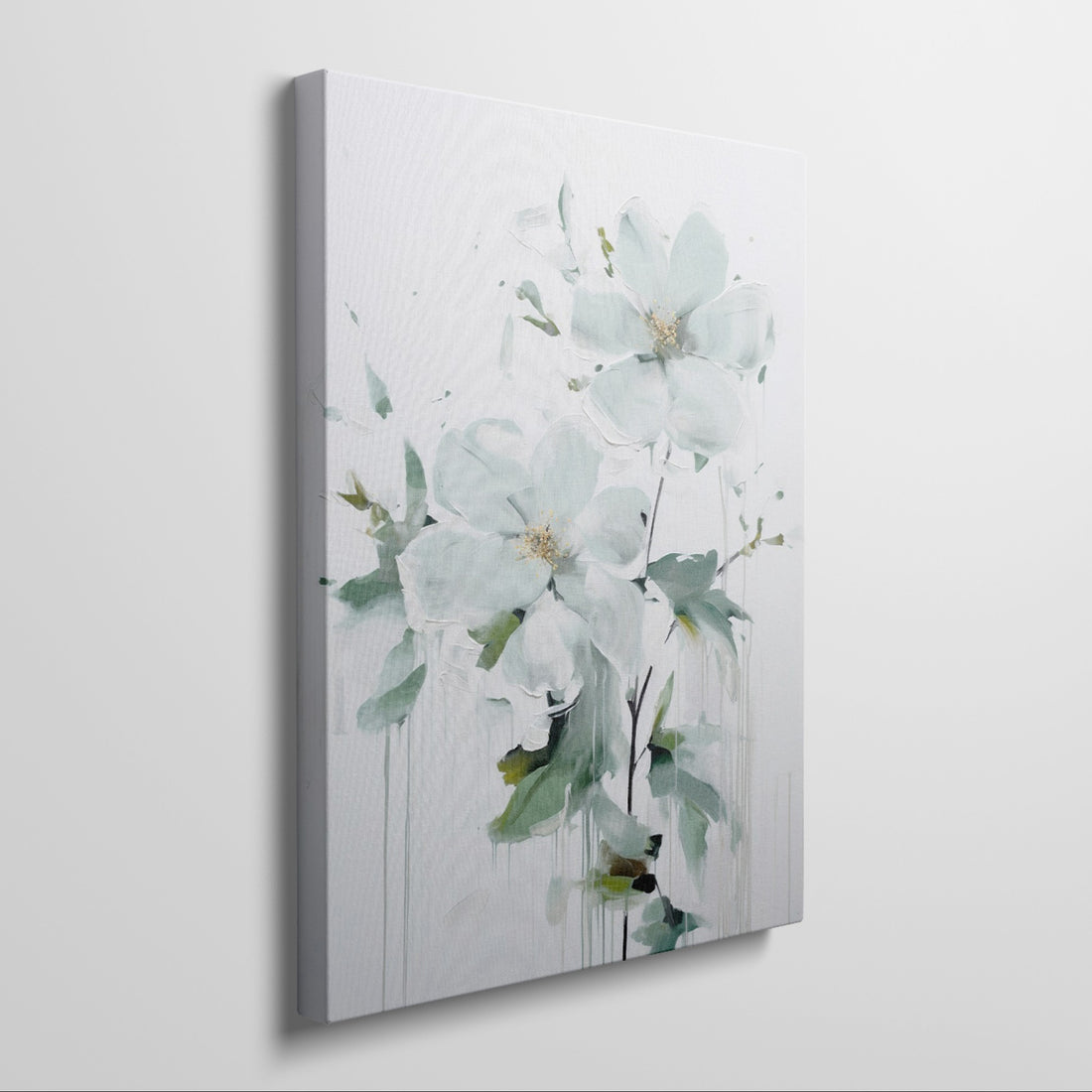 Framed canvas print of abstract white flowers with impasto technique and gentle dripping elements