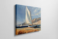 Framed canvas print of sailing boats with white sails against a backdrop of blue skies and dunes