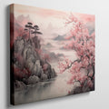 Framed canvas print of Oriental landscape with cherry blossoms and misty mountains