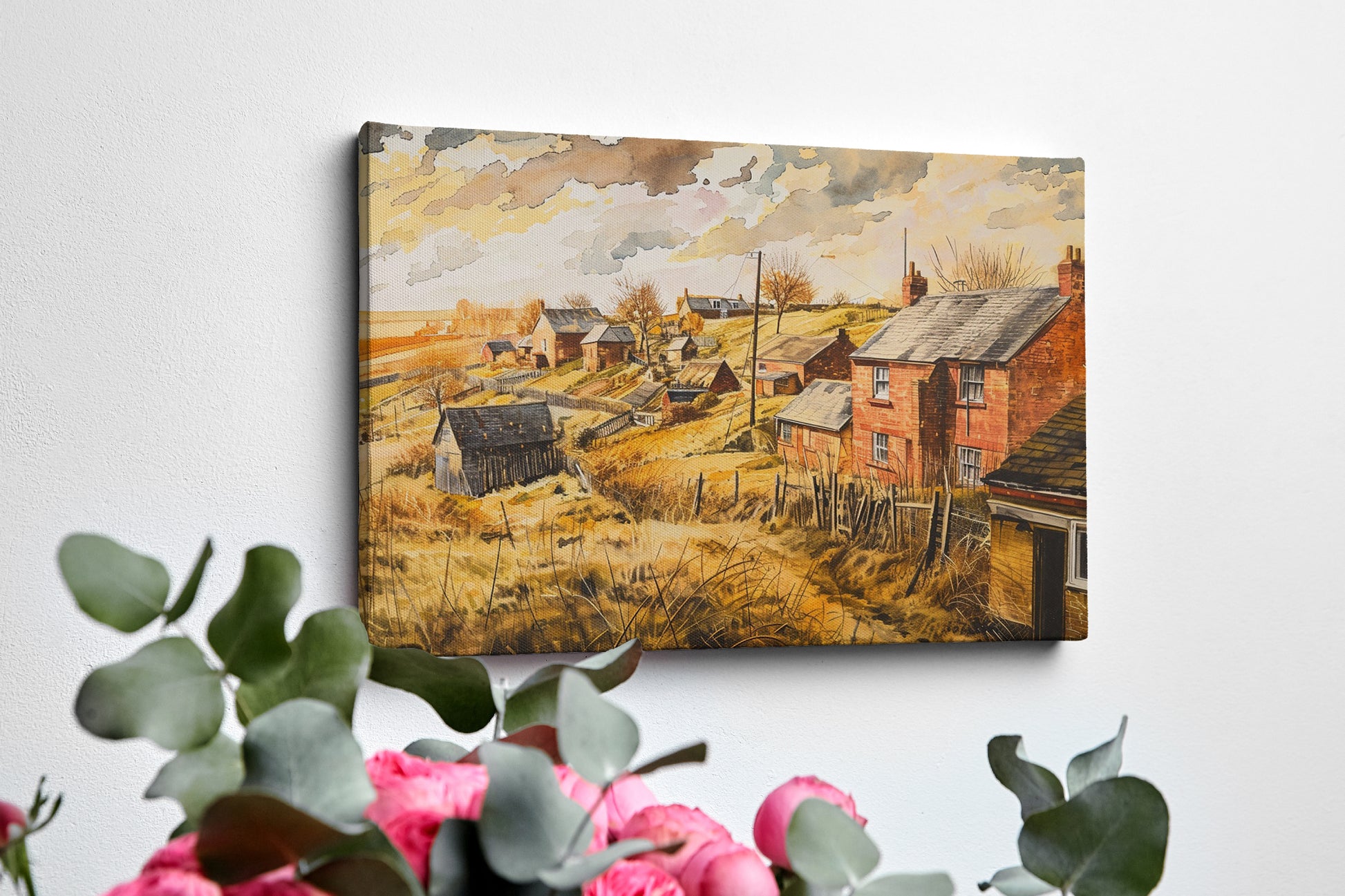 Framed canvas print of a traditional British village in watercolour