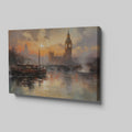 Framed canvas print of London's Big Ben and River Thames at sunset with warm orange hues