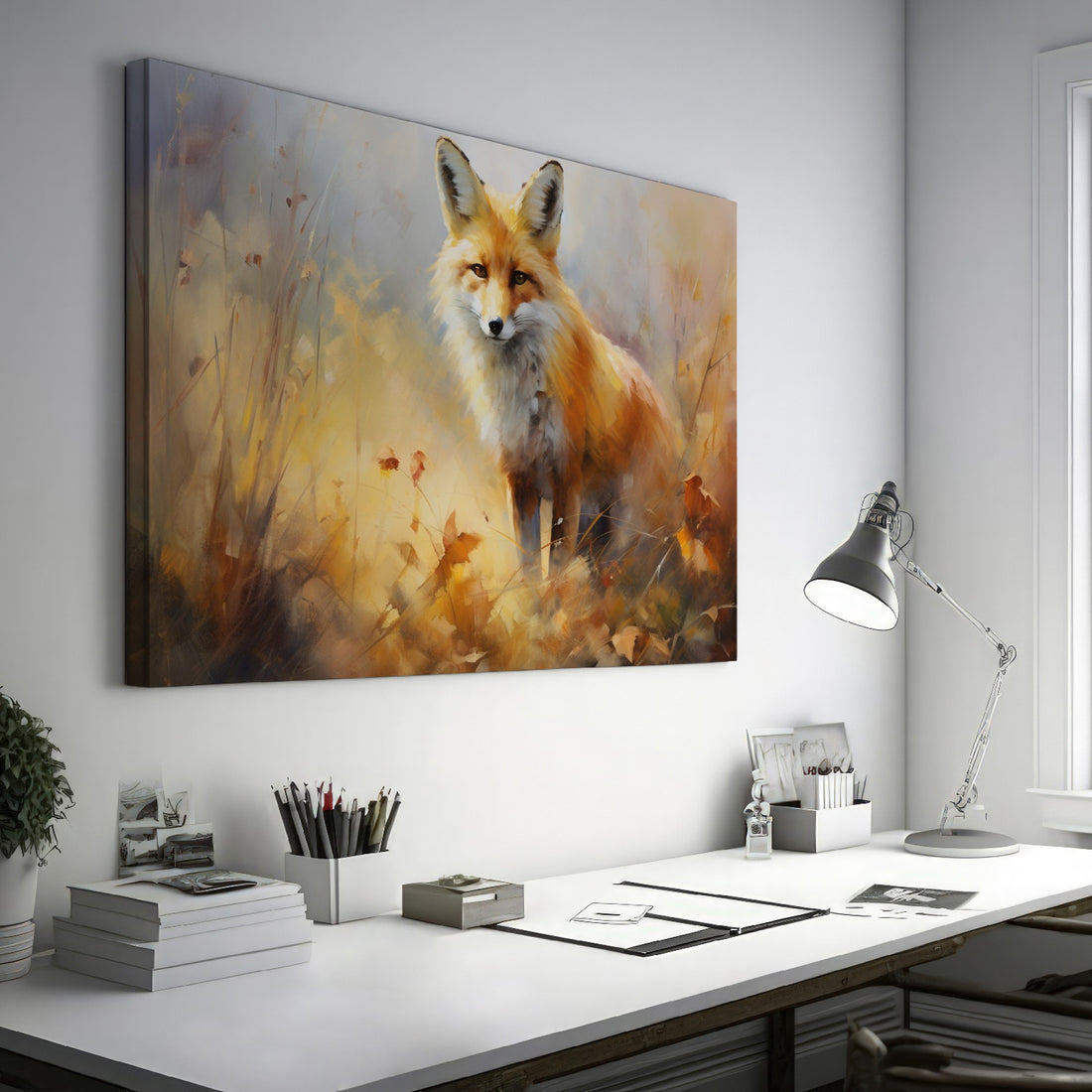 Framed canvas print of an impressionist painting of a fox set against the backdrop of golden autumn leaves and soft brushstrokes