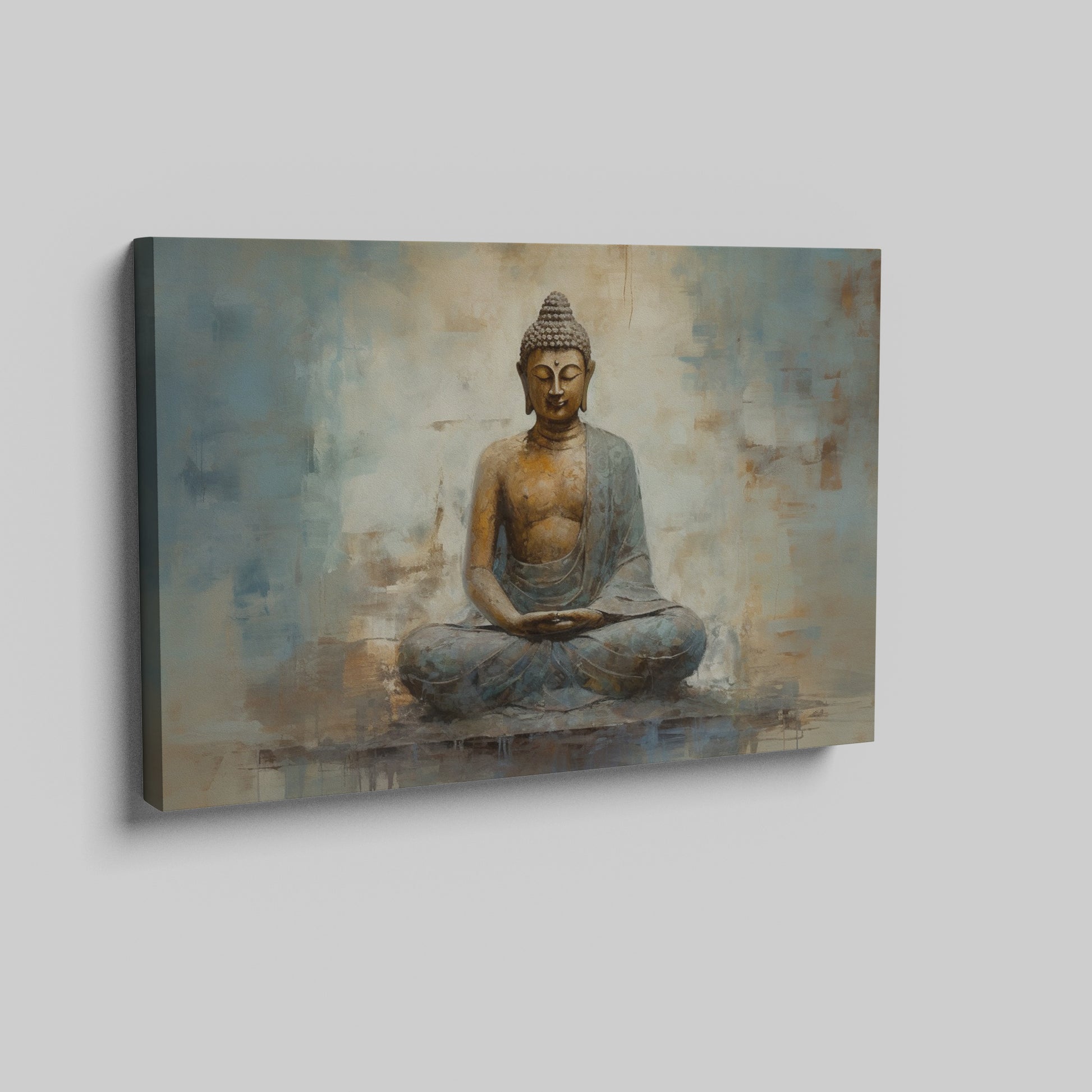 Framed canvas print of a serene Buddha in meditative pose with abstract earthy background