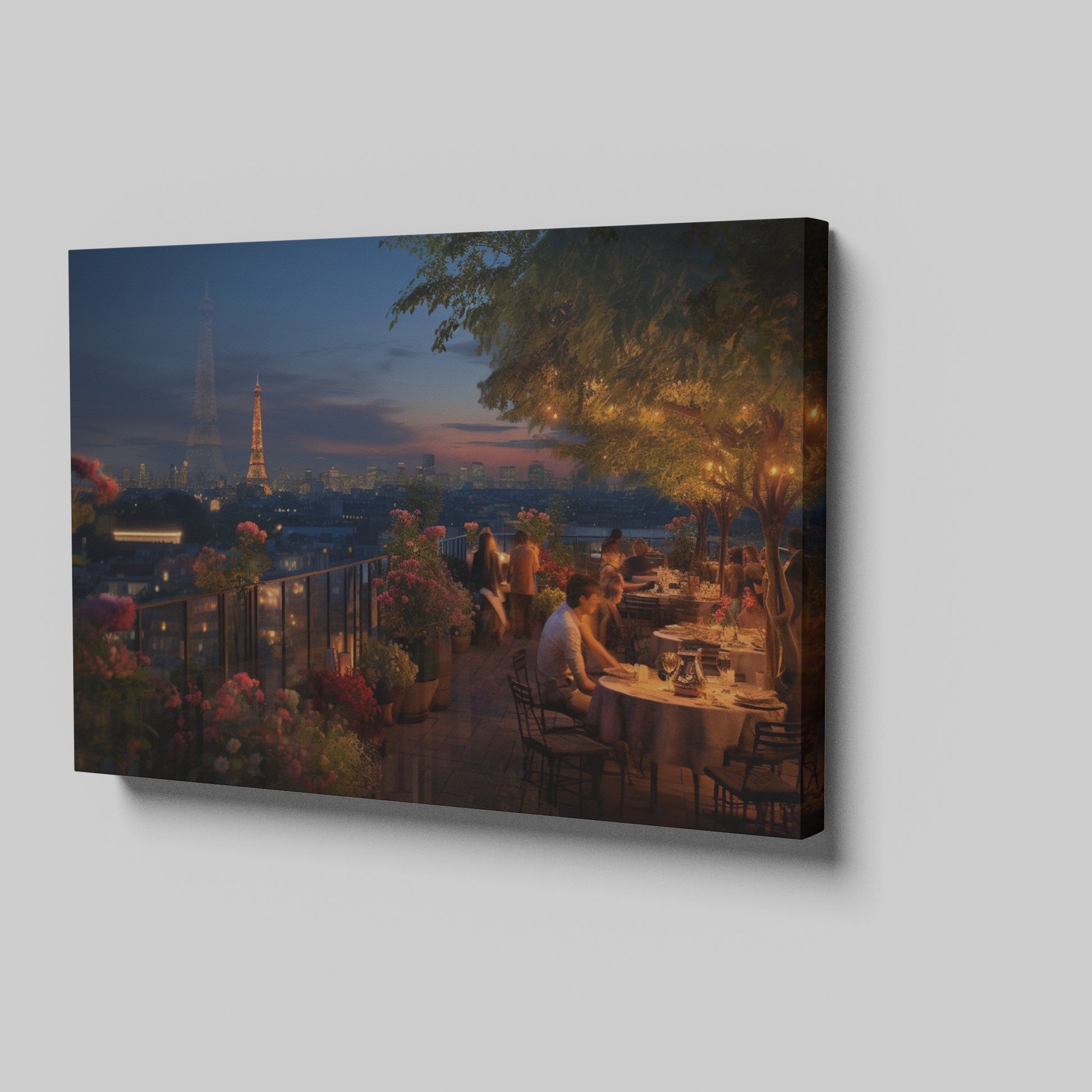 Framed canvas print of a romantic rooftop dining scene in Paris with Eiffel Tower in the background