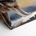 Framed canvas print of a majestic wolf overlooking a forest landscape at sunset