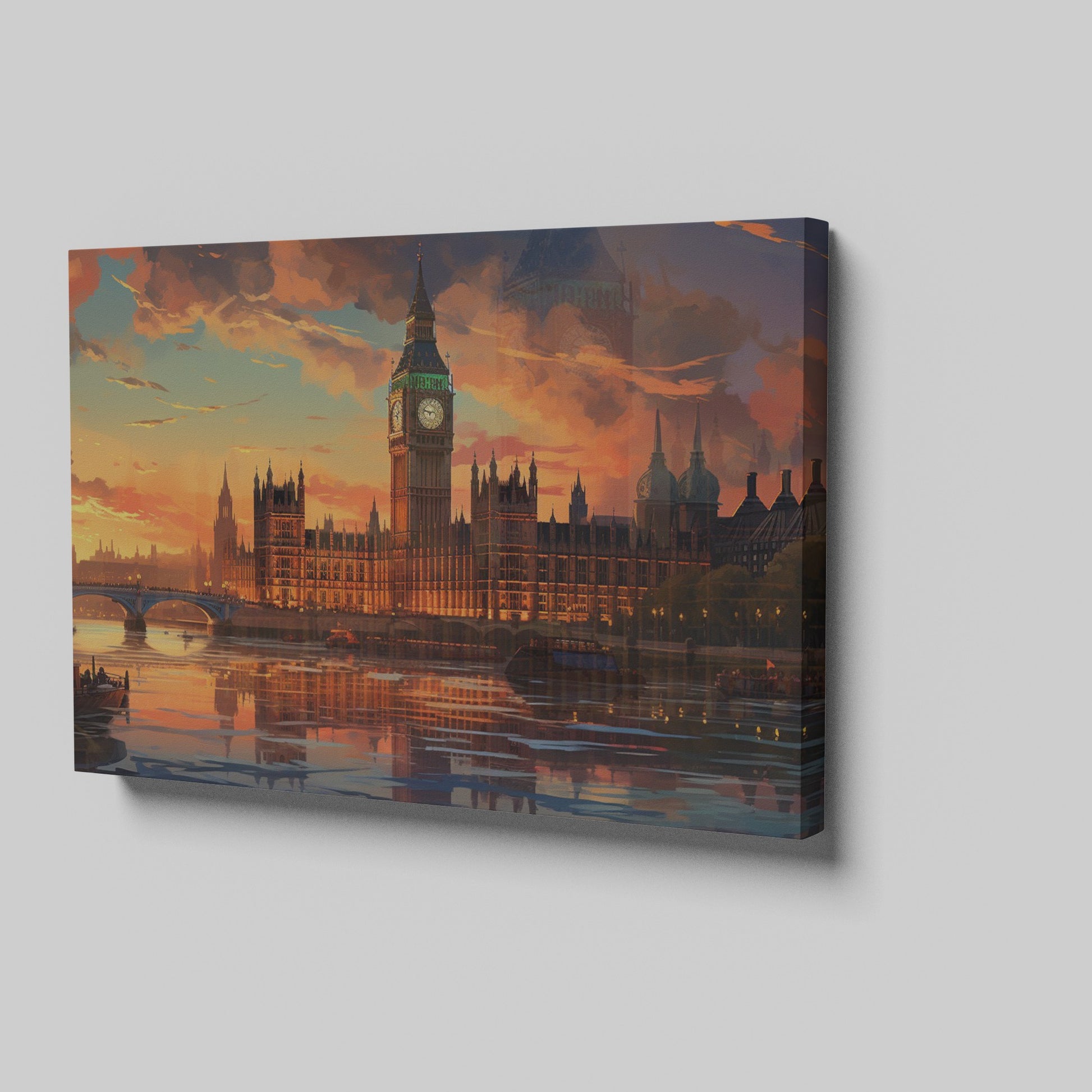 Framed canvas print of a colourful sunset over Big Ben and the London skyline, with stark reflections in the River Thames.