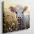 Framed canvas print of a realistic calf in a meadow with pink and yellow flowers