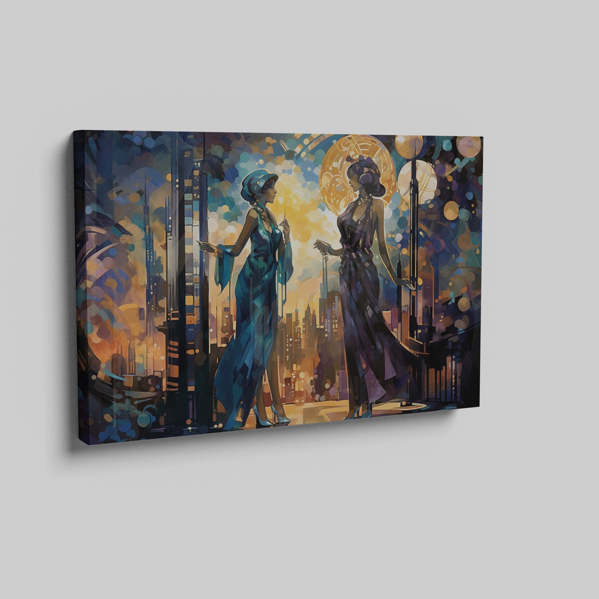 Art Deco-inspired artwork featuring two elegant figures in an urban sunset cityscape