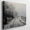 Framed canvas print of a winter landscape with a snowy path and figures walking, in a monochrome colour scheme