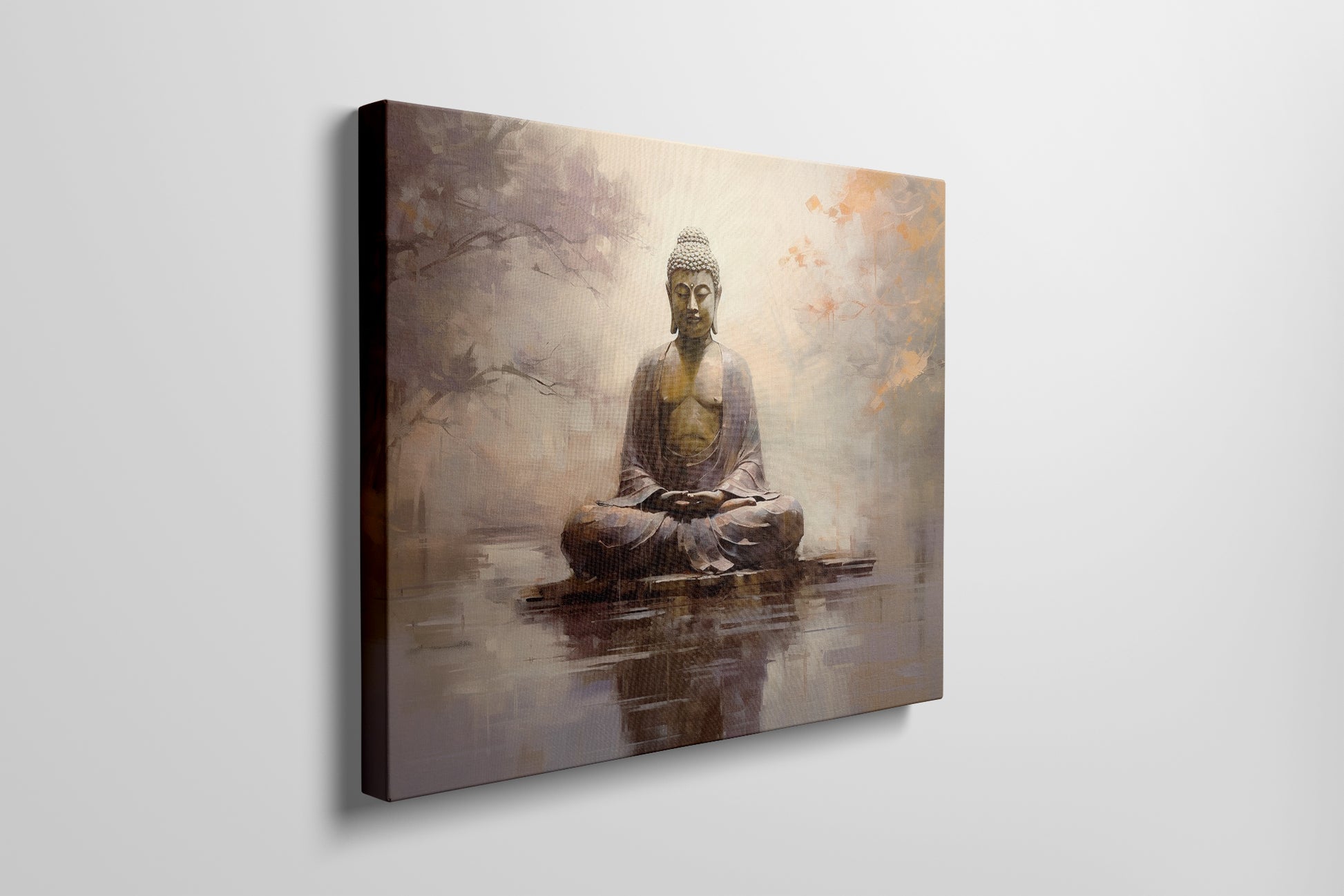 Framed canvas print of a serene Buddha statue with autumnal colours and water reflection