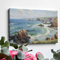 Framed canvas print of a serene seascape with ocean waves, cliffs, and blue skies