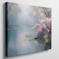 Framed canvas print of a tranquil lakeside scene with cherry blossoms and misty atmosphere