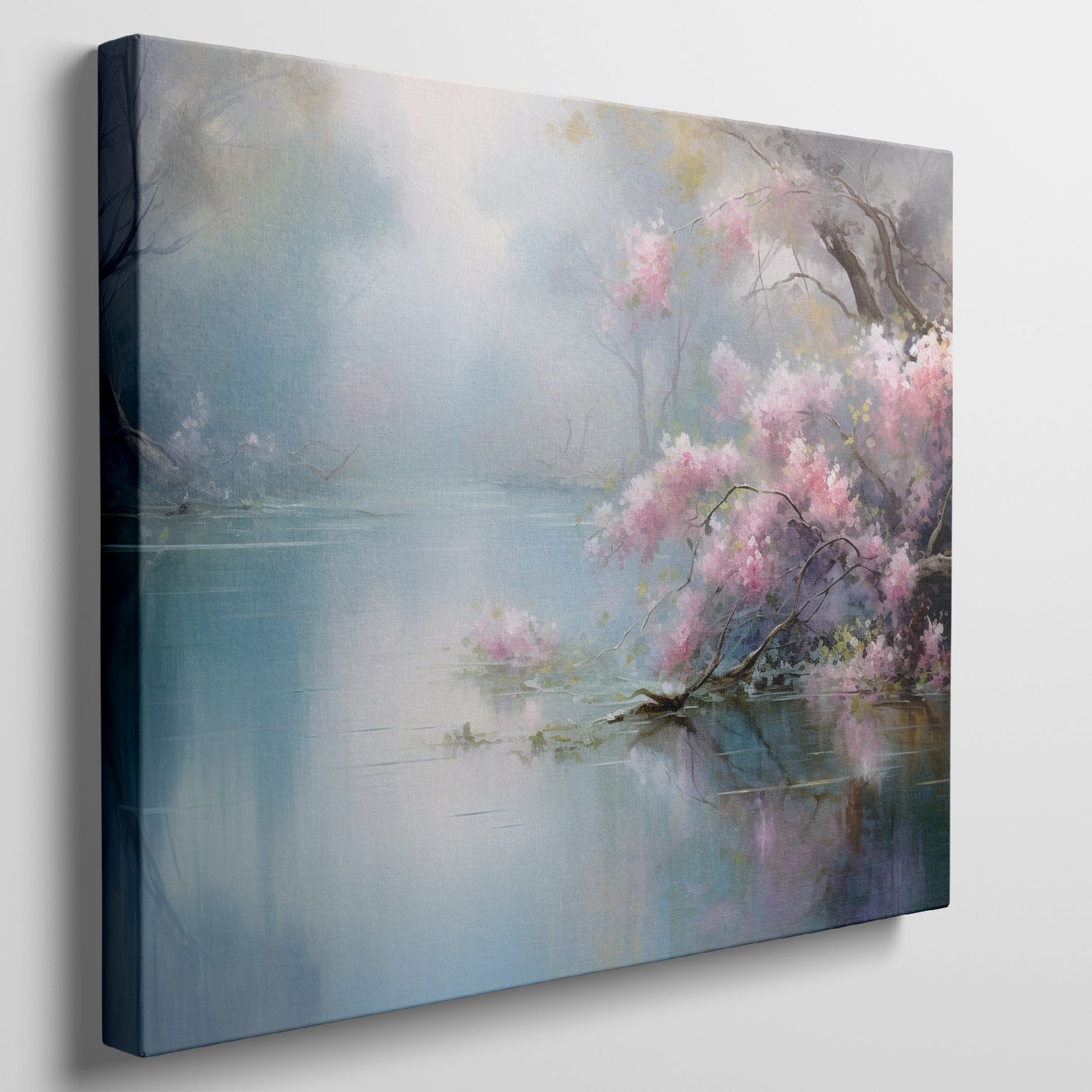 Framed canvas print of a tranquil lakeside scene with cherry blossoms and misty atmosphere