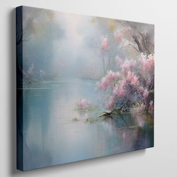 Framed canvas print of a tranquil lakeside scene with cherry blossoms and misty atmosphere