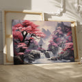 Framed canvas print of a mystic Eastern landscape with cherry blossoms and a mountain waterfall