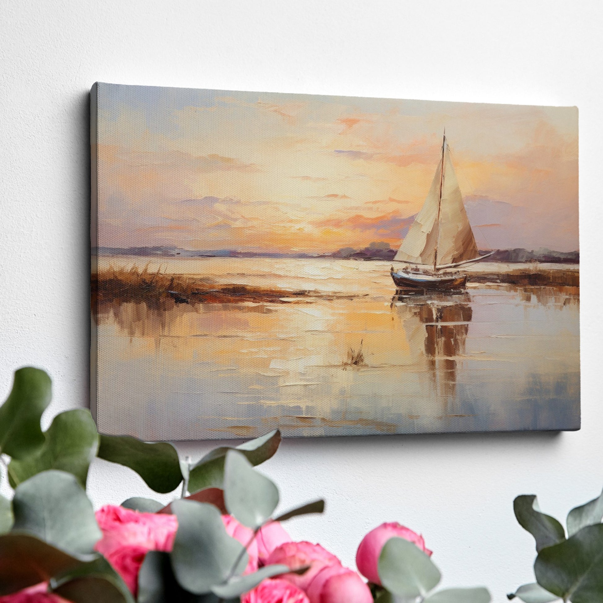 Impressionistic painting of a sailboat on calm waters at sunset with vibrant orange and yellow tones reflecting on the water.