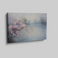 Framed canvas print of impressionist cherry blossoms overlooking a tranquil lake