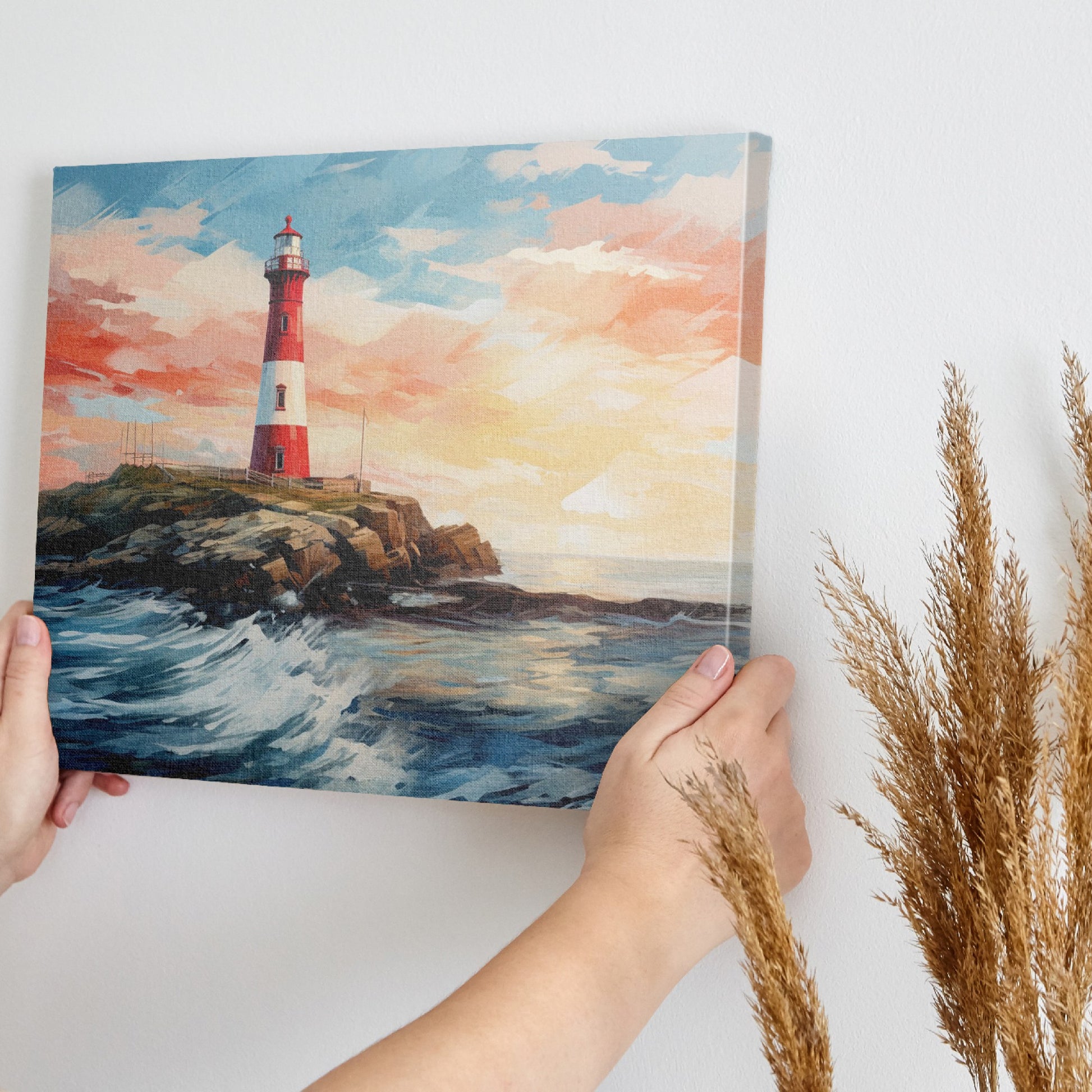 Framed canvas print of a vibrant sunset seascape with a red and white lighthouse on a cliff