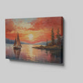 Framed canvas print of a sailboat sailing at sunset with vibrant sky and reflective water