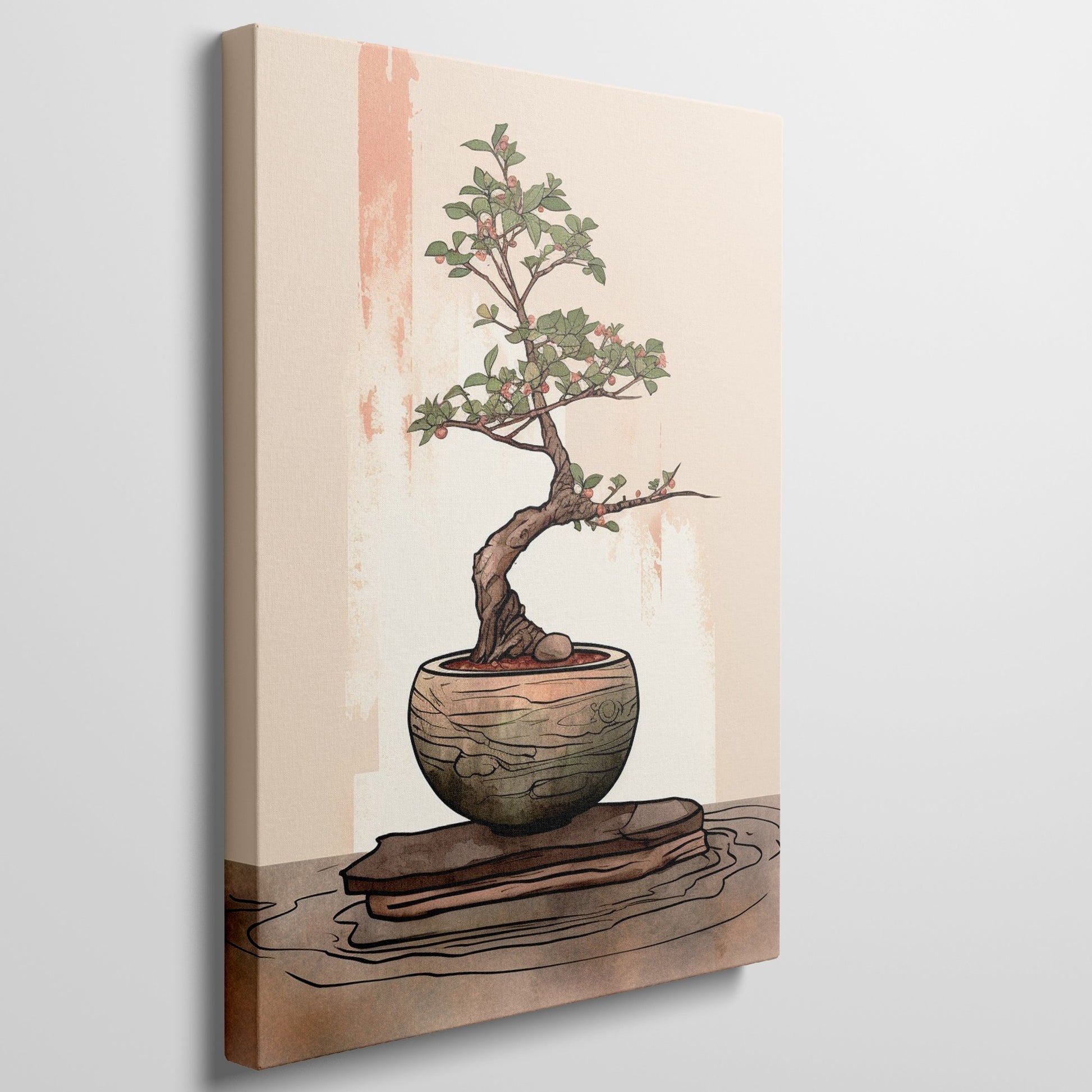 Illustrated bonsai tree with green foliage in a brown bowl on a beige background