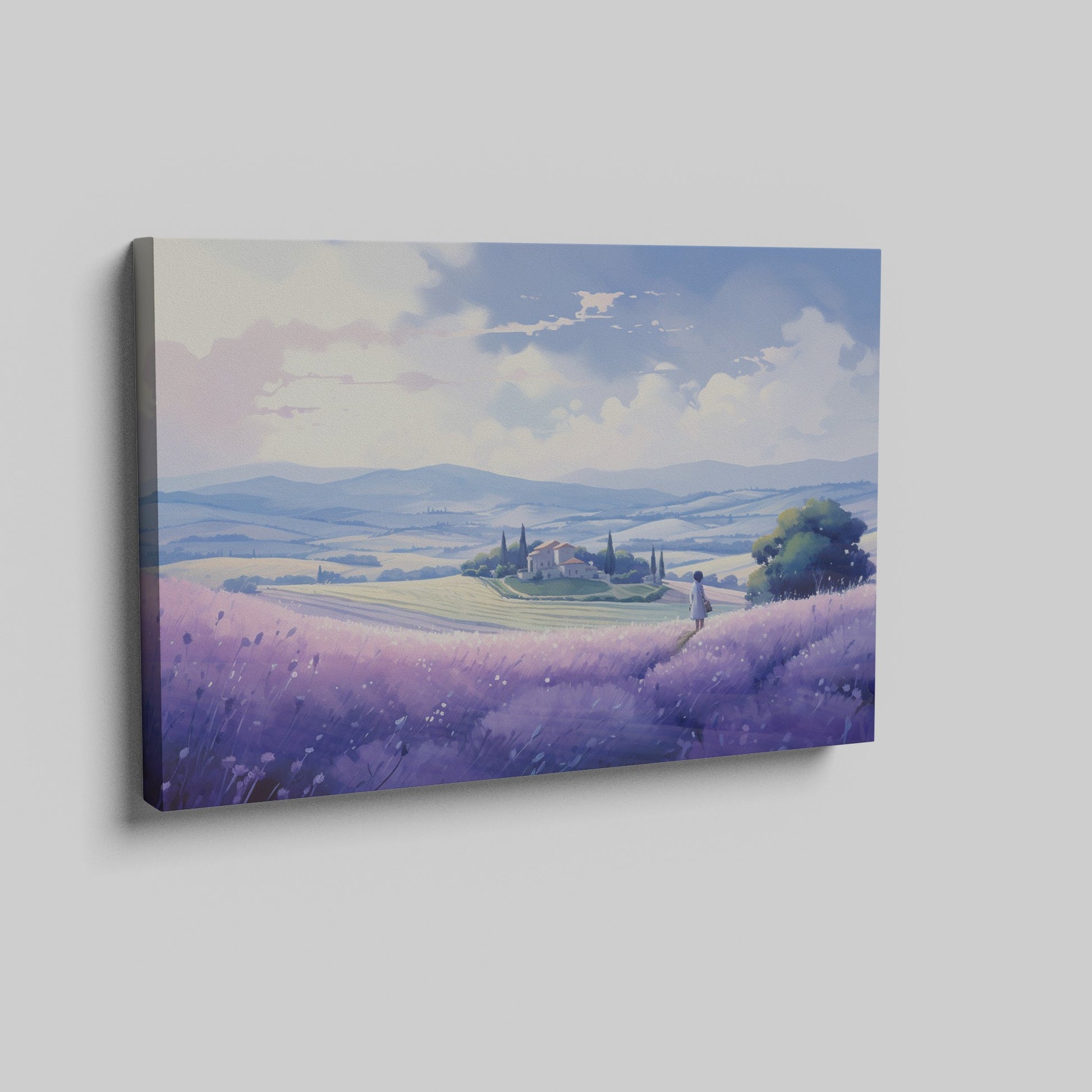 Framed canvas print of a scenic countryside with lavender fields and a rustic house